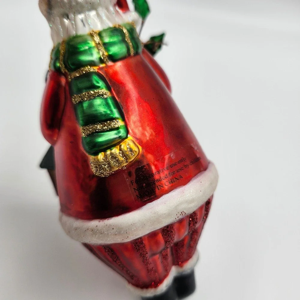 Santa with‎ Birdhouse & Holly Blown Glass Christmas Ornament Red Green Glitter